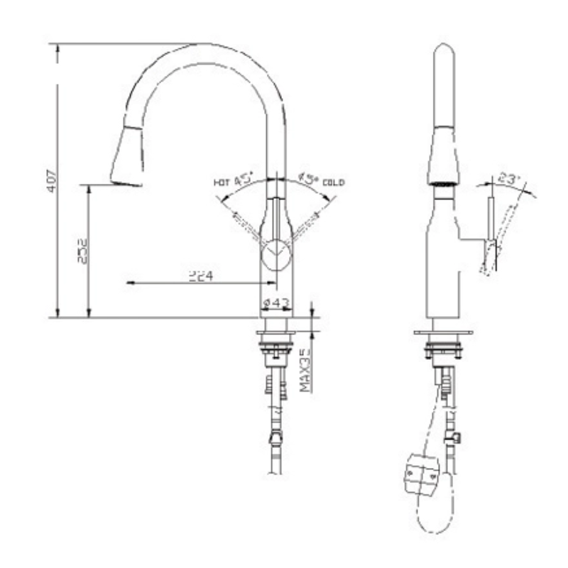 Kích thước vòi rửa bát nóng lạnh Paul Schmitt PA320KB có dây rút Kích thước vòi rửa bát nóng lạnh Paul Schmitt PA320KB có dây rút