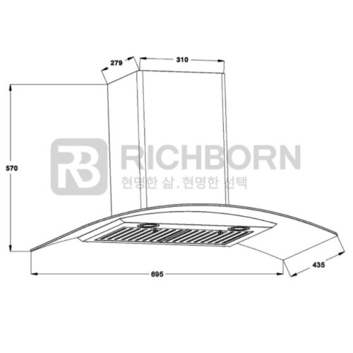Máy hút mùi áp tường Richborn RHA70GFGS 3 Kích thước máy hút mùi áp tường Richborn RHA70GFGS