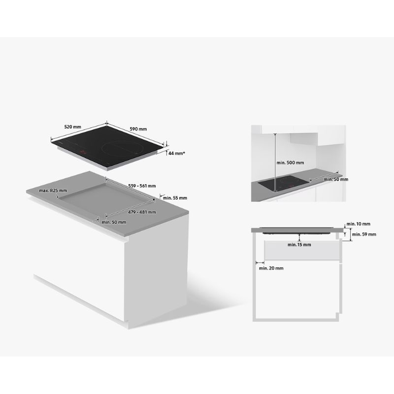 Kích thước  bếp từ 3 vùng nấu Samsung NZ63B5046FK/SV lắp âm Kích thước bếp từ 3 vùng nấu Samsung NZ63B5046FK/SV lắp âm