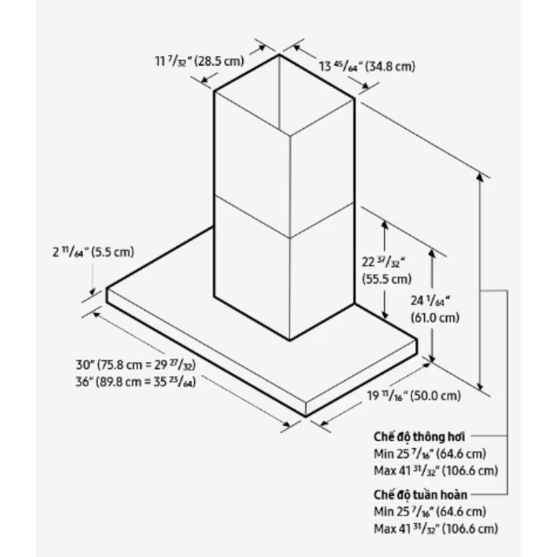 Kích thước máy hút mùi áp tường Samsung Bespoke NK36CB665WWHSV Kích thước máy hút mùi áp tường Samsung Bespoke NK36CB665WWHSV