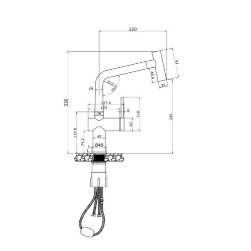 Vòi rửa bát nóng lạnh Konox Volta Chrome có dây rút 3 Kích thước rửa bát nóng lạnh Konox Volta Chrome có dây rút
