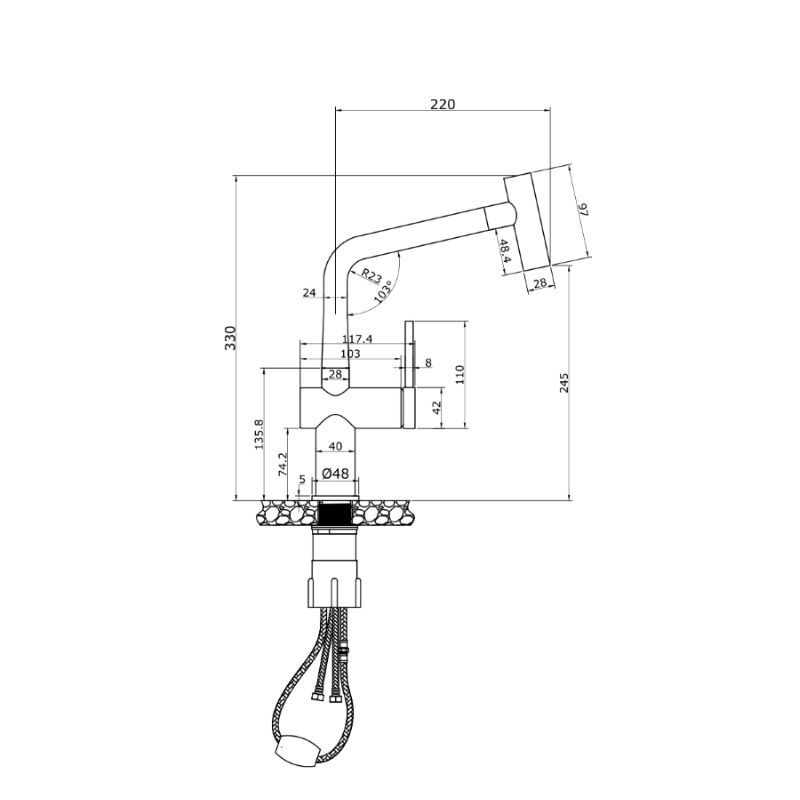 Kích thước vòi rửa bát nóng lạnh Konox Volta Nickel có dây rút Kích thước vòi rửa bát nóng lạnh Konox Volta Nickel có dây rút