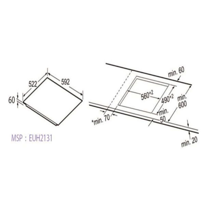 Kích thước bếp từ Eurogold 3 vùng nấu EUH2131 lắp âm Kích thước bếp từ Eurogold 3 vùng nấu EUH2131 lắp âm