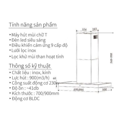 Máy hút mùi áp tường Eurogold EUH06170PRO 3 Kích thước máy hút mùi áp tường Eurogold EUH06170PRO