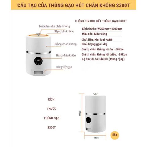 Thùng gạo thông minh chân không Eurogold S300T 4 Kích thước hình ảnh thùng gạo thông minh chân không Eurogold S300T