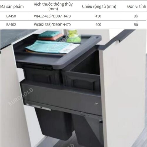 Thùng rác âm tủ giảm chấn Eurogold EA450 3 Kích thước thùng rác âm tủ giảm chấn Eurogold EA450