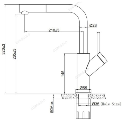 Vòi rửa bát nóng lạnh Eurogold EUF120DR có dây rút 3 Kích thước vòi rửa bát nóng lạnh Eurogold EUF120DR có dây rút