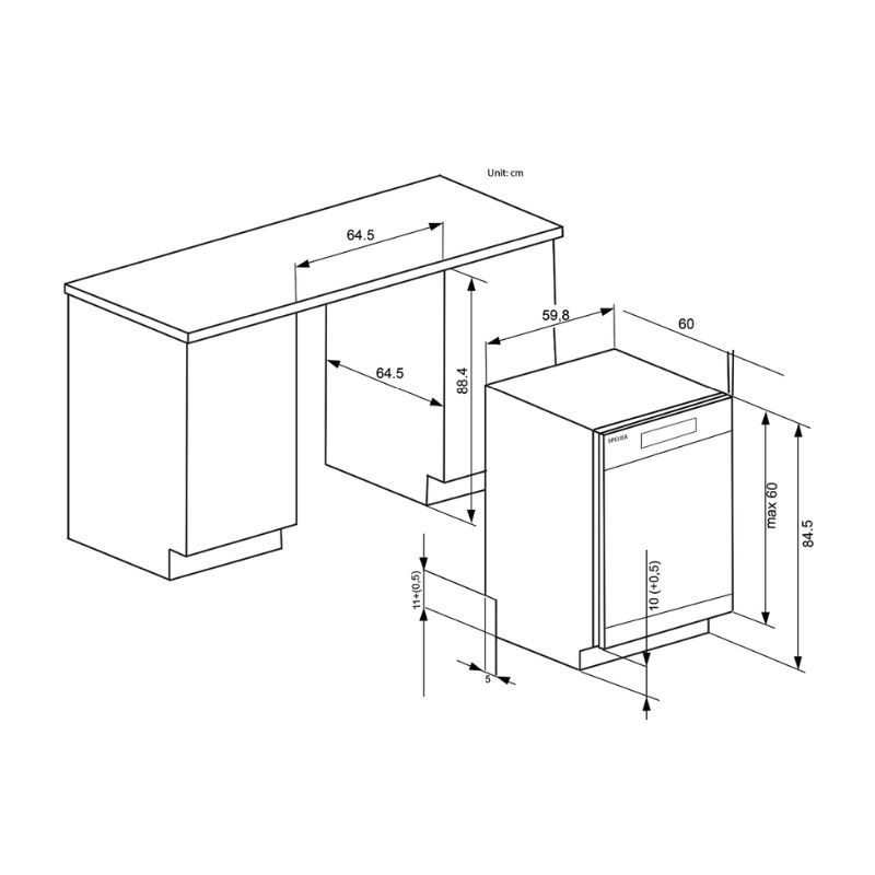 Kích thước máy rửa bát âm tủ/độc lập Binova BI-1102DWS Kích thước máy rửa bát âm tủ/độc lập Binova BI-1102DWS