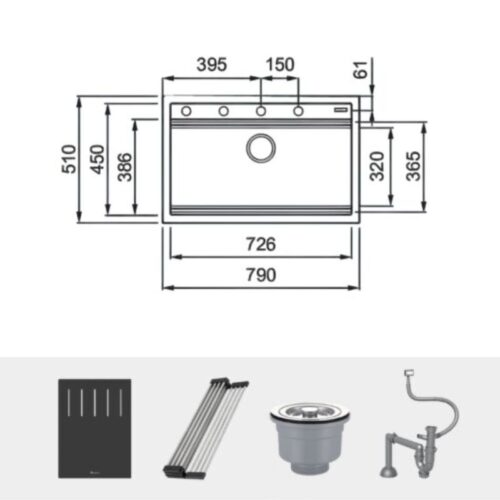 Chậu rửa bát đá 1 hố Konox Terra 790S 4 Kích thước chậu rửa bát đá 1 hố Konox Terra 790S