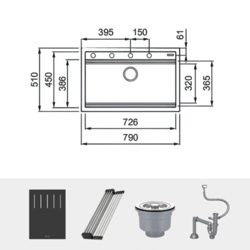 Kích thước chậu rửa bát đá 1 hố Konox Terra 790S Kích thước chậu rửa bát đá 1 hố Konox Terra 790S