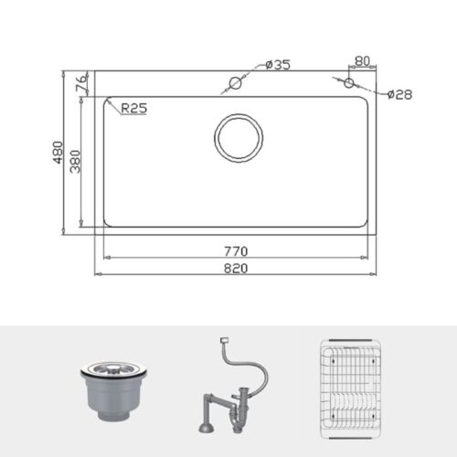 Chậu rửa bát inox 1 hố Konox KN8248SO Dekor 3 Chi tiết chậu rửa bát inox 1 hố Konox KN8248SO Dekor