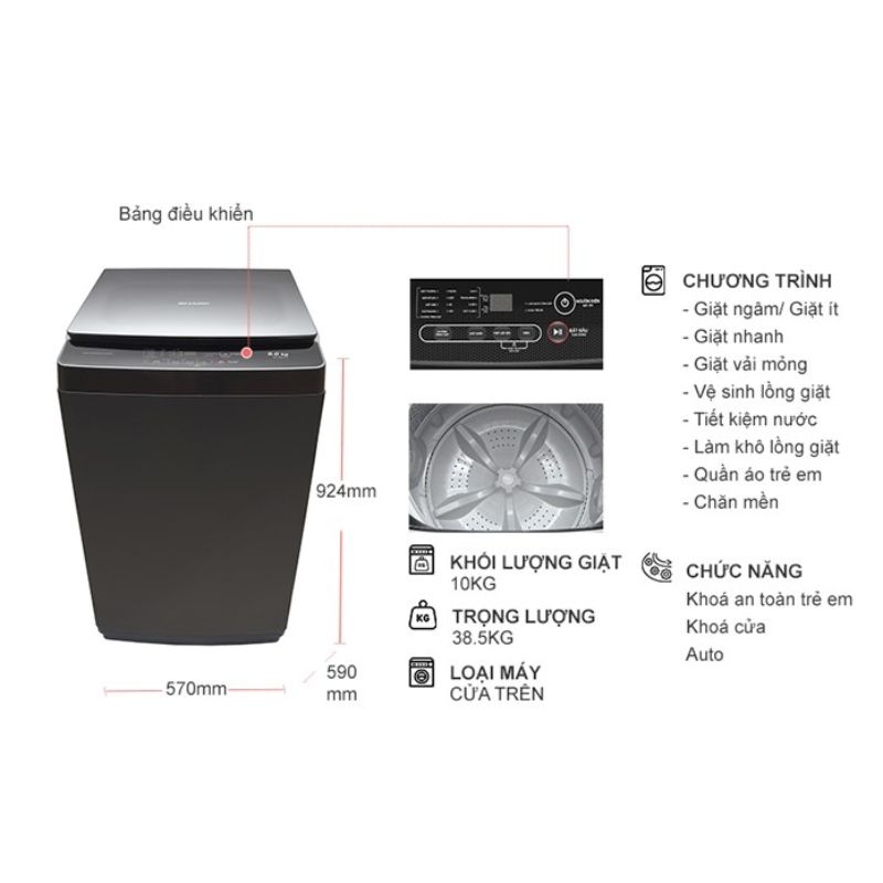 Chi tiết máy giặt Sharp 10kg ES-Y100HV-S cửa trên Chi tiết máy giặt Sharp 10kg ES-Y100HV-S cửa trên
