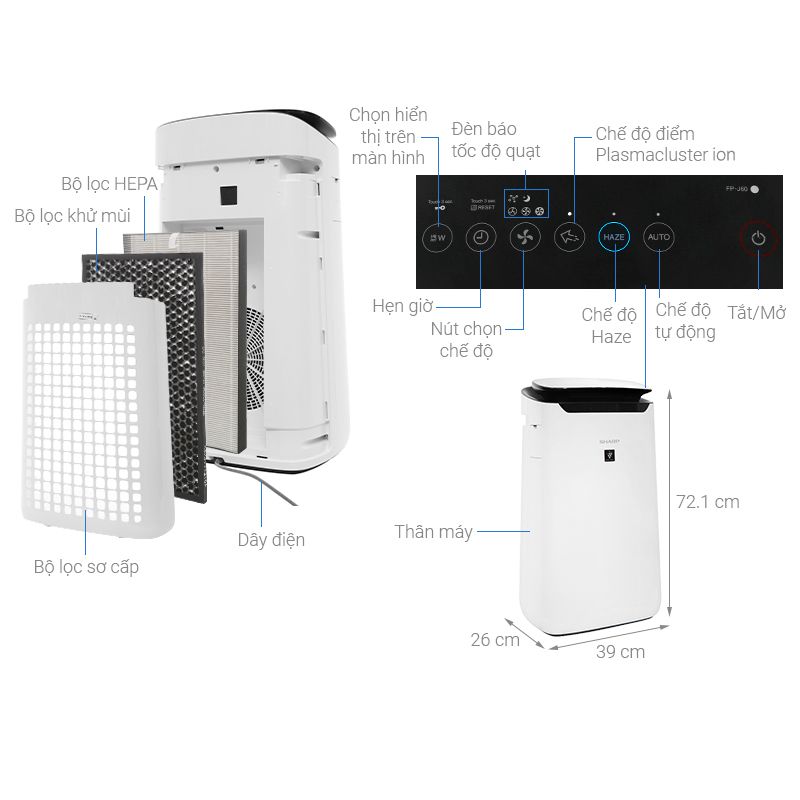 Chi tiết máy tạo ion và lọc khí Sharp FP-J60E-W Chi tiết máy tạo ion và lọc khí Sharp FP-J60E-W