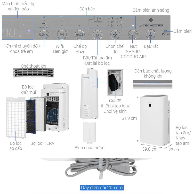 Chi tiết máy lọc không khí Sharp KI-N50V-W Chi tiết máy lọc không khí Sharp KI-N50V-W