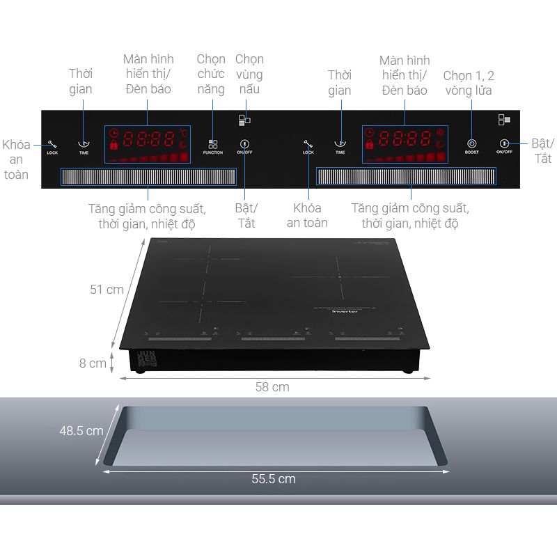 Kích thước bếp từ kết hợp hồng ngoại Junger 3 vùng nấu CEJ-300-IIF lắp âm Kích thước bếp từ kết hợp hồng ngoại Junger 3 vùng nấu CEJ-300-IIF lắp âm