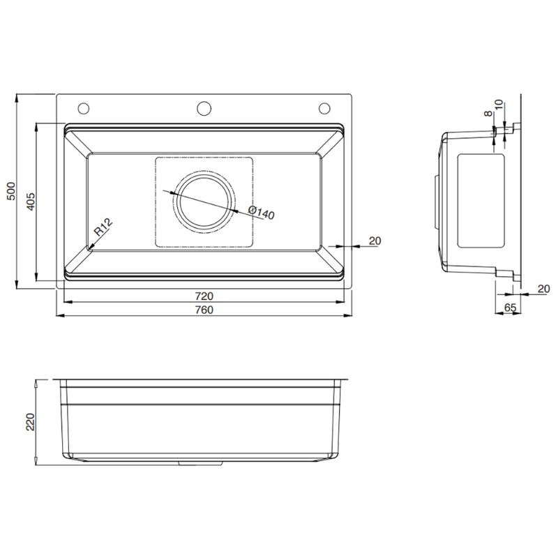 Kích thước chậu rửa bát 1 hố Kluger KWF8161FB-S76 Plus Kích thước chậu rửa bát 1 hố Kluger KWF8161FB-S76 Plus