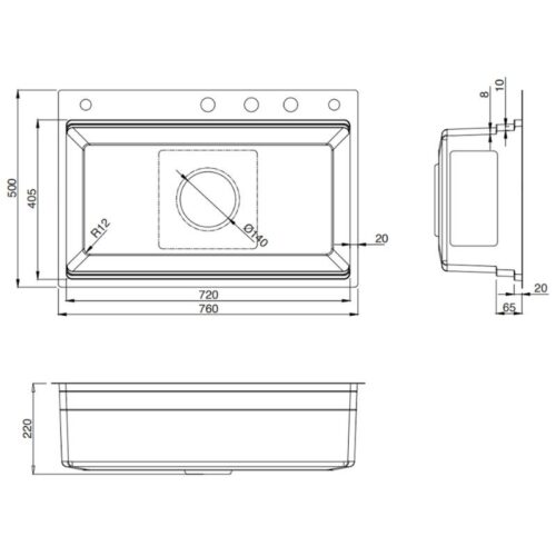 Chậu rửa bát 1 hố Kluger KWF8161FB-S76W Plus 5 Kích thước chậu rửa bát 1 hố Kluger KWF8161FB-S76W Plus