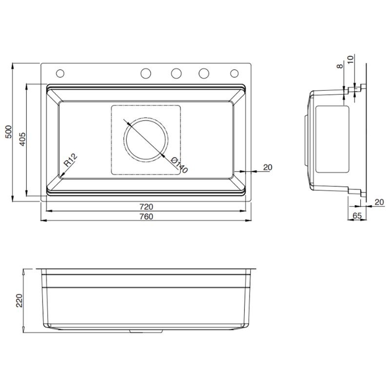 Kích thước chậu rửa bát 1 hố Kluger KWF8161FB-S76W Plus Kích thước chậu rửa bát 1 hố Kluger KWF8161FB-S76W Plus