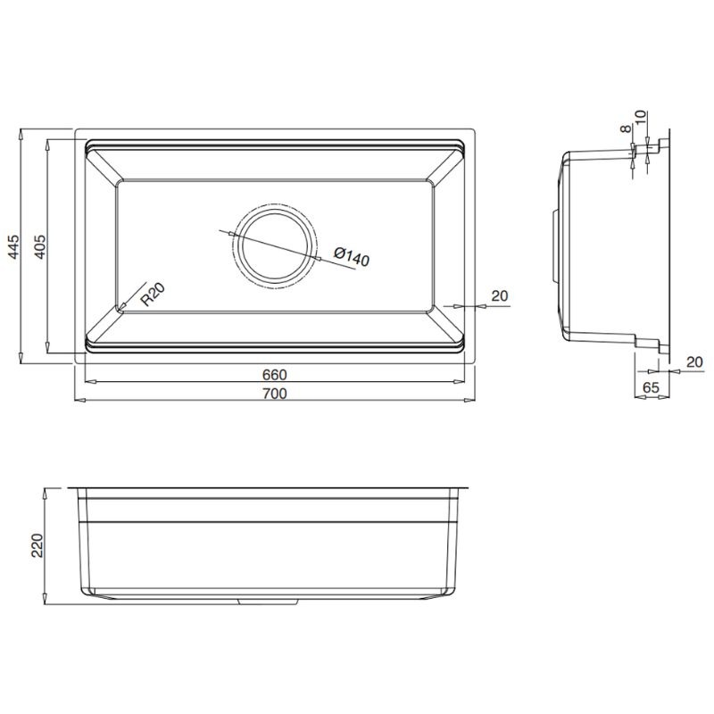 Kích thước chậu rửa bát 1 hố Kluger KWU8161FB-S70 Kích thước chậu rửa bát 1 hố Kluger KWU8161FB-S70