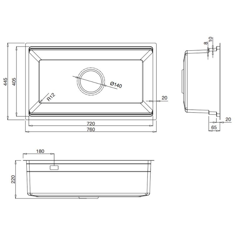 Kích thước chậu rửa bát 1 hố Kluger KWU8161FB-S76 Kích thước chậu rửa bát 1 hố Kluger KWU8161FB-S76