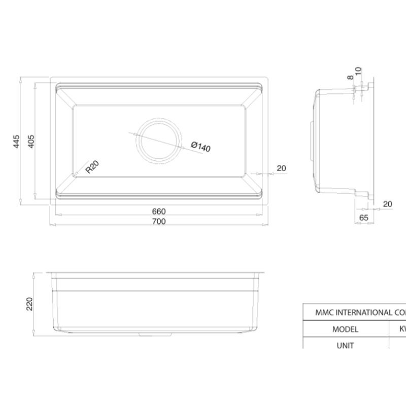 Kích thước chậu rửa bát 1 hố Kluger KWU8161FS-S70 Kích thước chậu rửa bát 1 hố Kluger KWU8161FS-S70