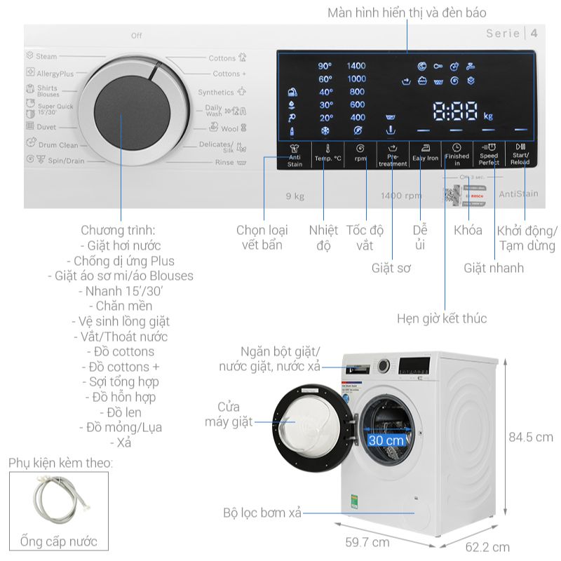 Kích thước máy giặt Bosch 9 kg WGA14400SG Serie 4 Kích thước máy giặt Bosch 9 kg WGA14400SG Serie 4