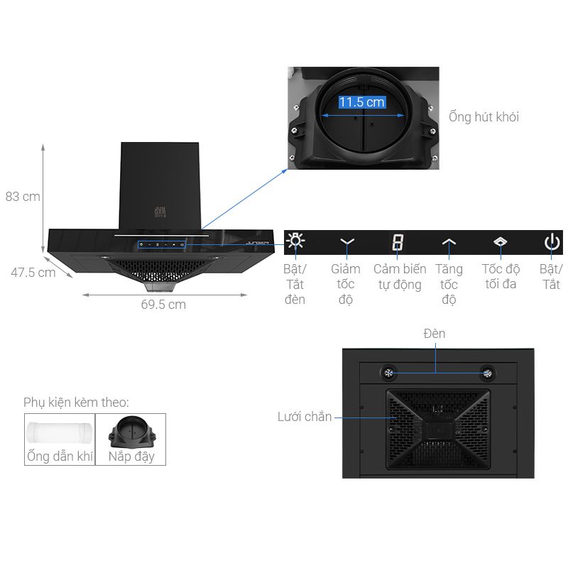 Kích thước máy hút mùi âm tủ Junger HRJ-701 Black Kích thước máy hút mùi âm tủ Junger HRJ-701 Black