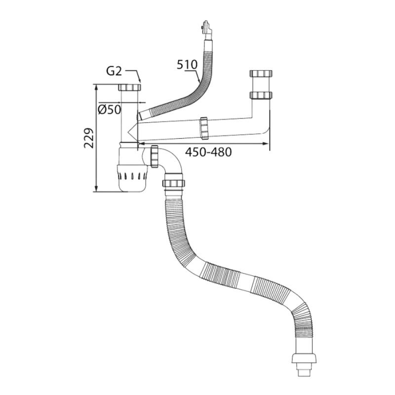 Kích thước siphon chậu rửa bát 1 hố Kluger KSP-302 Kích thước siphon chậu rửa bát 1 hố Kluger KSP-302