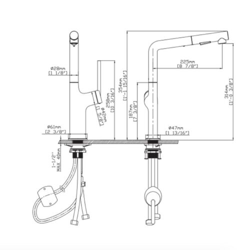 Vòi rửa bát nóng lạnh Kluger KLF0001B có dây rút 5 Kích thước vòi rửa bát nóng lạnh Kluger KLF0001B có dây rút