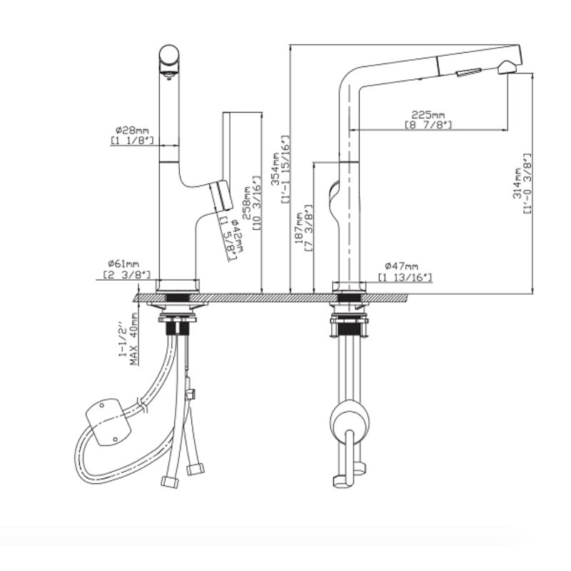 Kích thước vòi rửa bát nóng lạnh Kluger KLF0001C có dây rút Kích thước vòi rửa bát nóng lạnh Kluger KLF0001C có dây rút