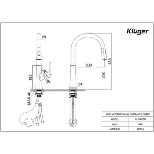 Vòi rửa bát nóng lạnh Kluger KLF0002B có dây rút 5 Kích thước vòi rửa bát nóng lạnh Kluger KLF0002B có dây rút