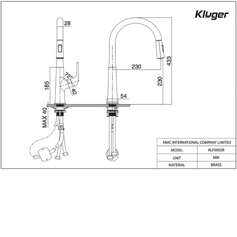 Kích thước vòi rửa bát nóng lạnh Kluger KLF0002C có dây rút kich thuoc voi rua bat nong lanh kluger klf0002c co day rut