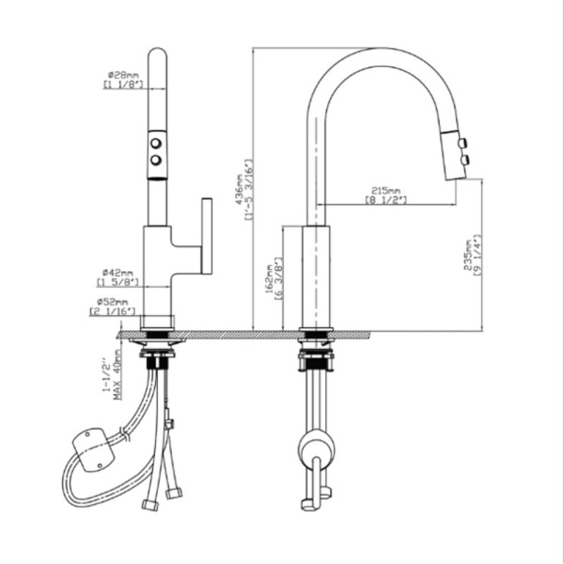Kích thước vòi rửa bát nóng lạnh Kluger KLF0005B có dây rút Kích thước vòi rửa bát nóng lạnh Kluger KLF0005B có dây rút