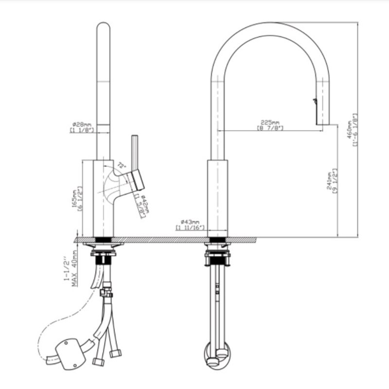 Kích thước vòi rửa bát nóng lạnh Kluger KLF0006C có dây rút Kích thước vòi rửa bát nóng lạnh Kluger KLF0006C có dây rút