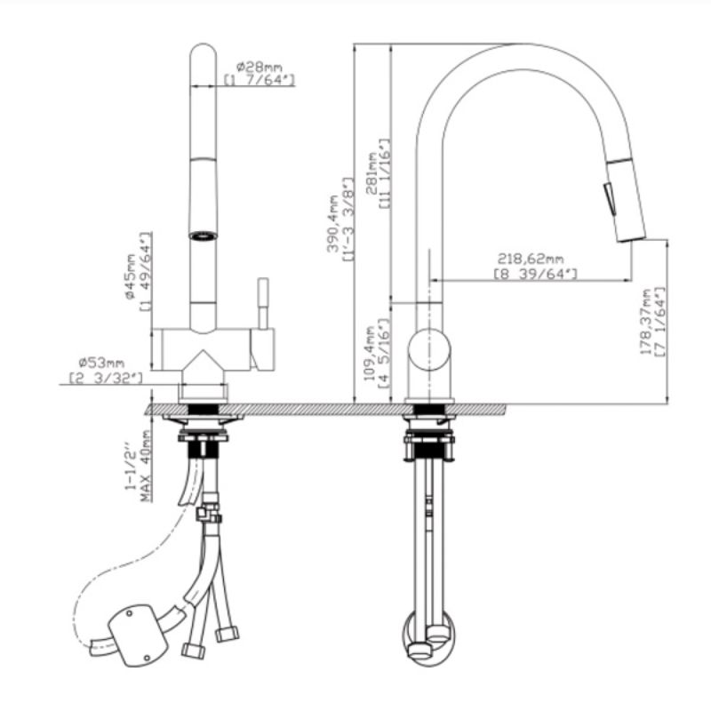 Kích thước vòi rửa bát nóng lạnh Kluger KLF0008B có dây rút Kích thước vòi rửa bát nóng lạnh Kluger KLF0008B có dây rút