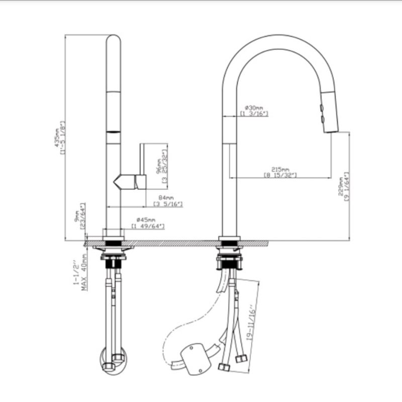 Kích thước vòi rửa bát nóng lạnh Kluger KLF0010B có dây rút Kích thước vòi rửa bát nóng lạnh Kluger KLF0010B có dây rút