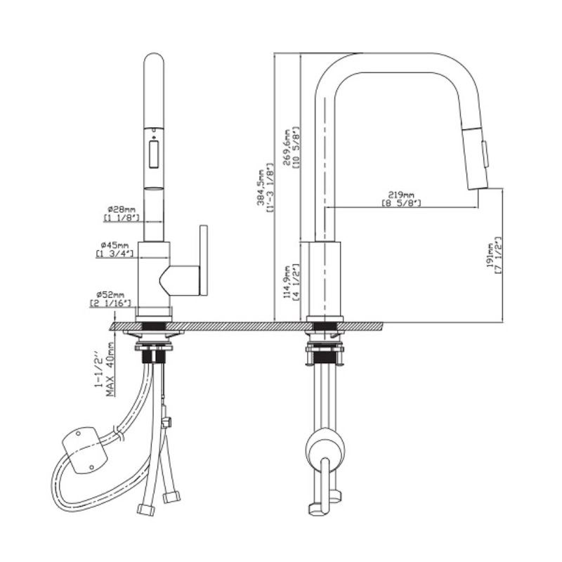Kích thước vòi rửa bát nóng lạnh Kluger KLF0011C  có dây rút Kích thước vòi rửa bát nóng lạnh Kluger KLF0011C có dây rút