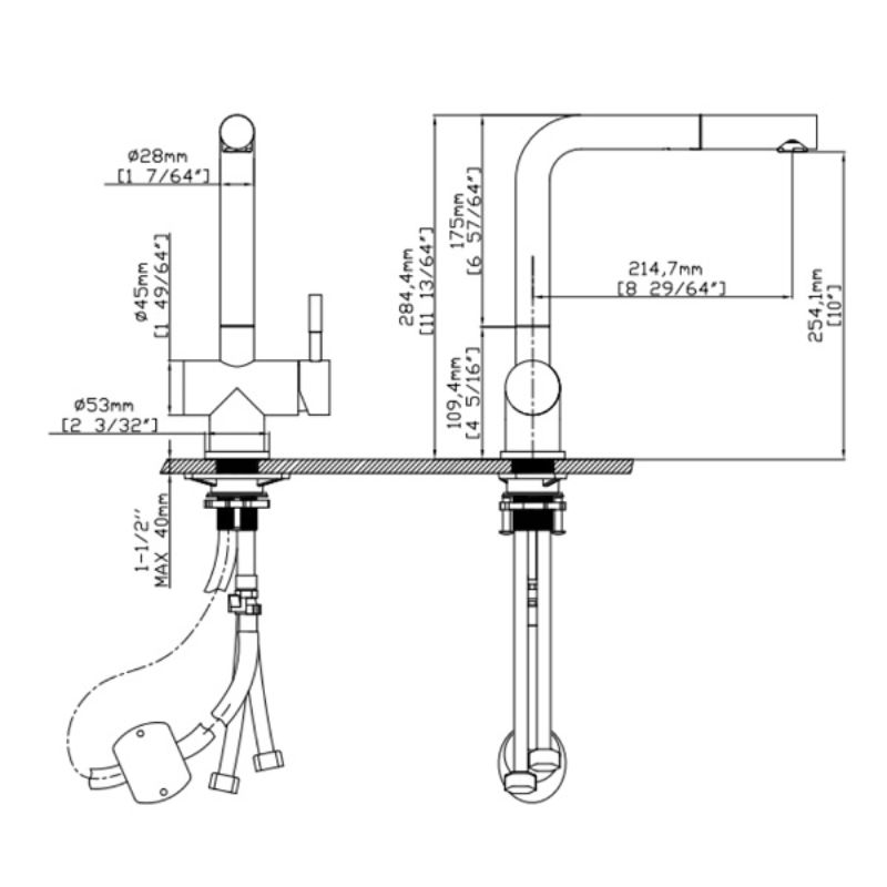 Kích thước vòi rửa bát nóng lạnh Kluger KLF0013C có dây rút Kích thước vòi rửa bát nóng lạnh Kluger KLF0013C có dây rút