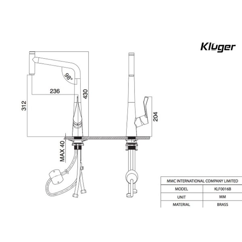 Kích thước vòi rửa bát nóng lạnh Kluger KLF0016B có dây rút Kích thước vòi rửa bát nóng lạnh Kluger KLF0016B có dây rút
