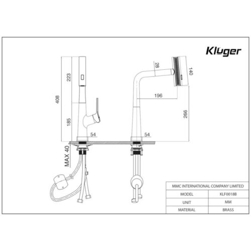 Vòi rửa bát nóng lạnh Kluger KLF0018B có dây rút 5 Kích thước vòi rửa bát nóng lạnh Kluger KLF0018B có dây rút