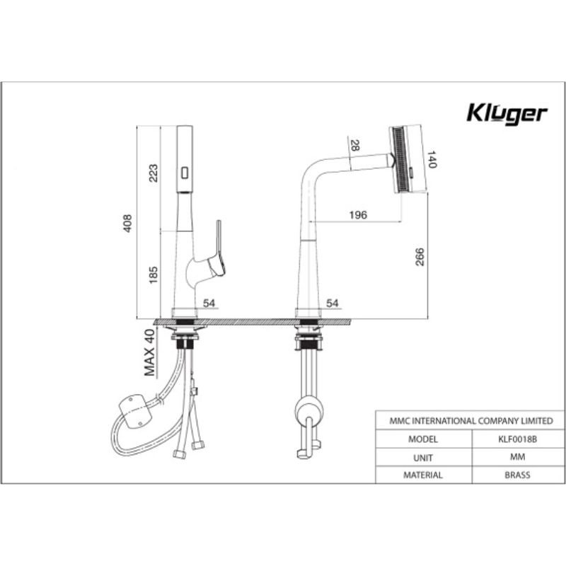 Kích thước vòi rửa bát nóng lạnh Kluger KLF0018S có dây rút Kích thước vòi rửa bát nóng lạnh Kluger KLF0018S có dây rút