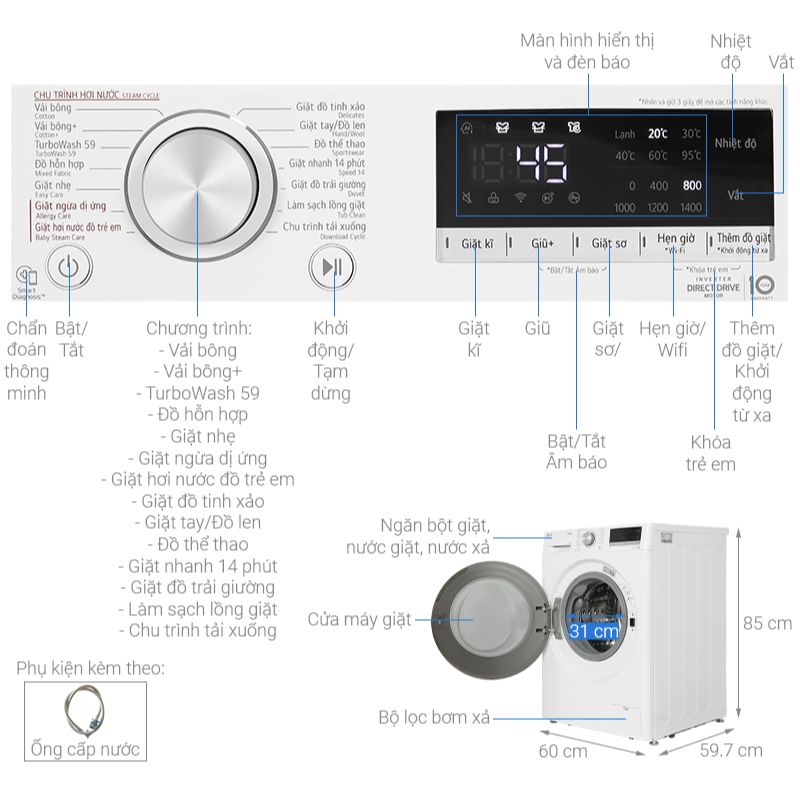 Thông số máy giặt LG FV1410S4W1 ABWPEVN Thông số máy giặt LG FV1410S4W1 ABWPEVN
