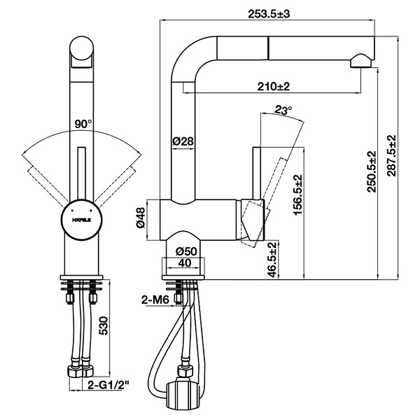 Vòi rửa bát Hafele HT21-GH1P254 577.55.290 màu kem 5 Kích thước Vòi rửa bát Hafele HT21-GH1P254 577.55.290 màu kem