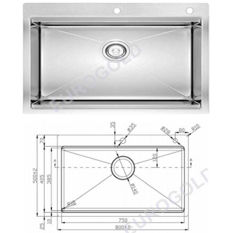 Kích thước chậu rửa bát inox 1 hố Eurogold EUS58050 Kích thước chậu rửa bát inox 1 hố Eurogold EUS58050
