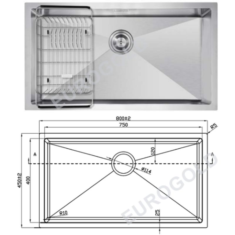 Kích thước chậu rửa bát inox 1 hố Eurogold EUS68045 Kích thước chậu rửa bát inox 1 hố Eurogold EUS68045