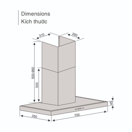 Máy hút mùi áp tường Lorca TA 6007TM-70 3 Kích thước máy hút mùi áp tường Lorca TA 6007TM-70
