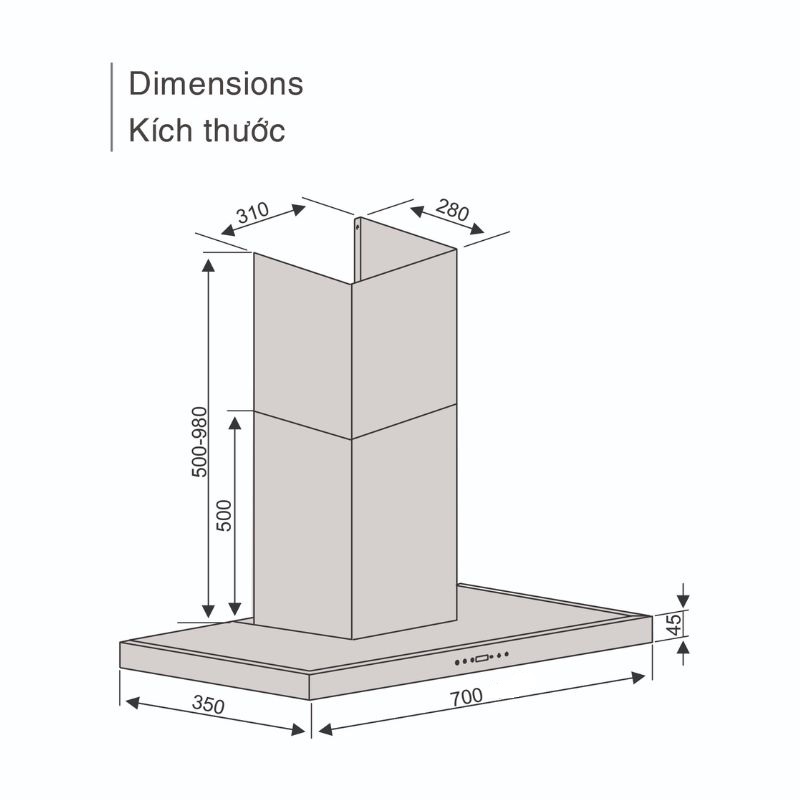 Kích thước máy hút mùi áp tường Lorca TA 6007TM-70 Kích thước máy hút mùi áp tường Lorca TA 6007TM-70