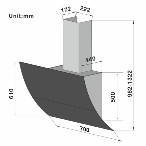 Máy hút mùi áp tường Lorca TA 6008CM-70 3 Kích thước máy hút mùi áp tường Lorca TA 6008CM-70