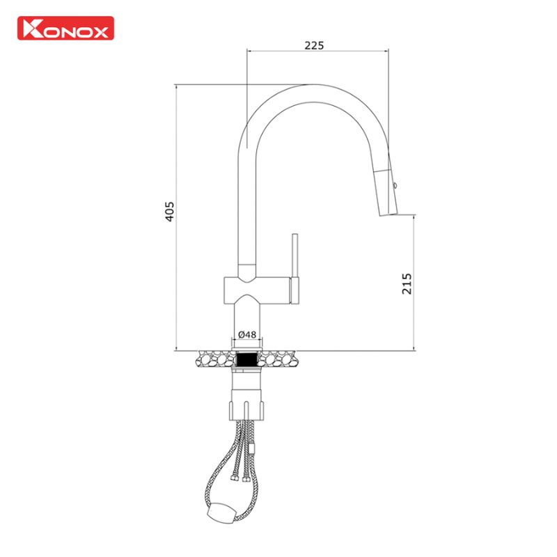 Kích thước vòi rửa bát nóng lạnh Konox Comfor Chrome có dây rút Kích thước vòi rửa bát nóng lạnh Konox Comfor Chrome có dây rút