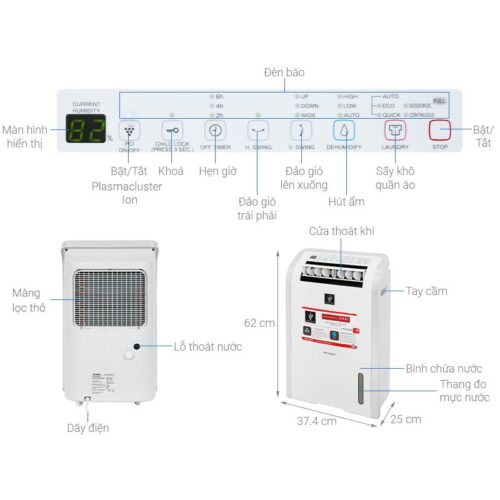 Máy hút ẩm Sharp DW-D20A-W 3 Kích thước máy hút ẩm Sharp DW-D20A-W